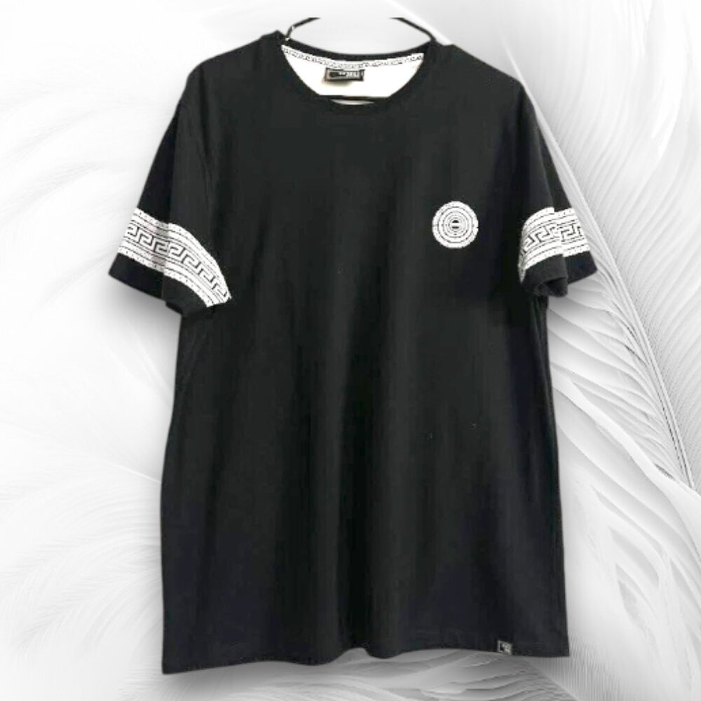 Level Ten Black Graphic T Shirt With Greek Key Sleeve Detail